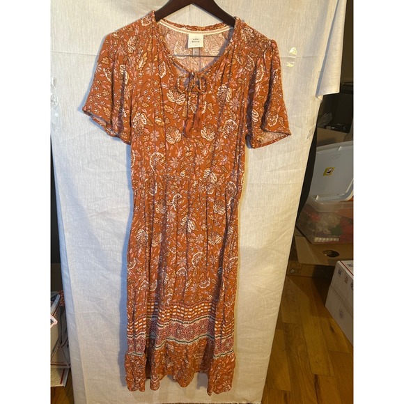 Knox Rose Orange Floral Print Tie Neck Midi Dress Women's Size S Cottage Core - Picture 2 of 6